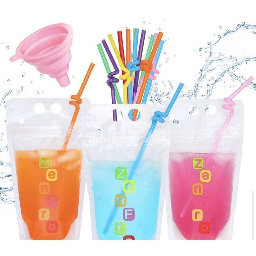 50 ZenFro Premium Party Drink Pouches Straws Kit Juice Smoothie Standup Zip Bags
